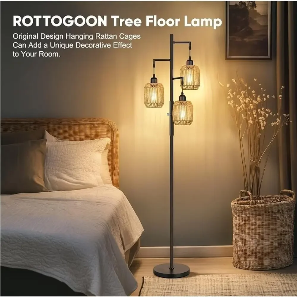 ROTTOGOON 68” Dimmable 3-Light Rattan Floor Lamp Boho Farmhouse Tree Lamp Black